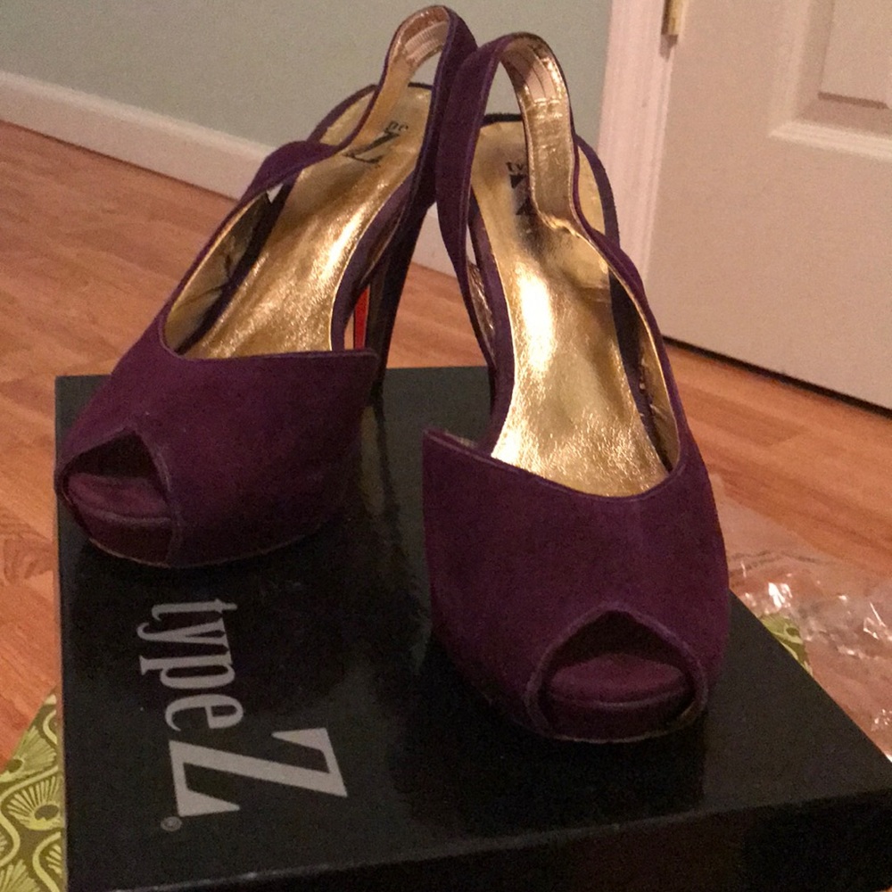 Purple suede peep toe sling back platform heels